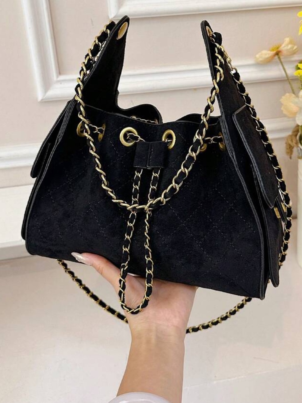Faux suede Black Quilted Drawstring Shoulder Bag with Gold Chain